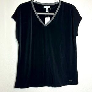 NWT Calvin Klein short sleeve black top with silver striped neckline